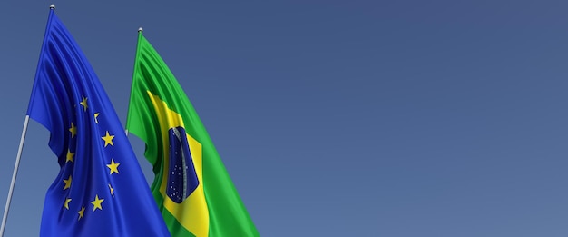 Flags of the European Union and Brazil on flagpoles on side Flags on a blue background Place for text EU Brazilian 3d illustration