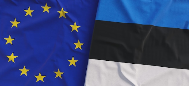 Flags of European Union and Estonia Linen flags closeup Flag made of canvas EU Estonian Tallinn National symbols 3d illustration