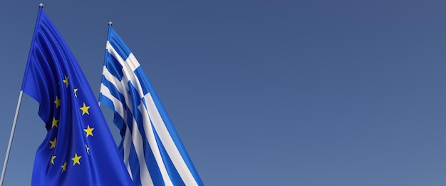 Flags of the European Union and Greece on flagpoles on side Flags on a blue background Place for text EU Greek 3d illustration