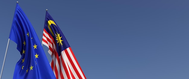 Flags of the European Union and Malaysia on flagpoles on side Flags on a blue background Place for text EU Malaysian 3d illustration