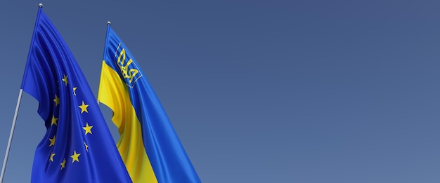 Flags of European Union and Ukraine on flagpoles on a blue background Place for text 3d illustration