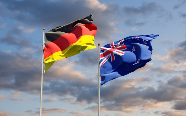 Flags of Germany and New Zealand. 3D artwork