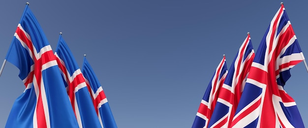 Flags of Great Britain and Iceland on flagpoles on sides Flags on a blue background England United Kingdom Reykjavik 3D illustration