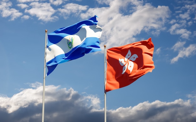 Flags of Hong Kong HK and El Salvador. 3D artwork