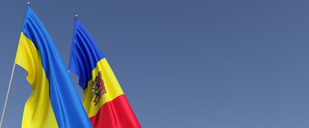 Flags of Moldova and Ukraine on flagpoles on the side Flags on a blue background Place for text Independent sovereign Ukraine Moldovan flag Commonwealth 3D illustration