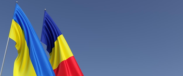 Flags of Romania and Ukraine on flagpoles on the sides Flags on a blue background Place for text Independent free Ukraine Romanian flag Commonwealth 3D illustration