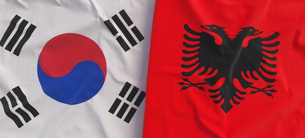 Flags of South Korea and Albania Linen flag closeup Flag made of canvas Korean Seoul Tirana State national symbols 3d illustration