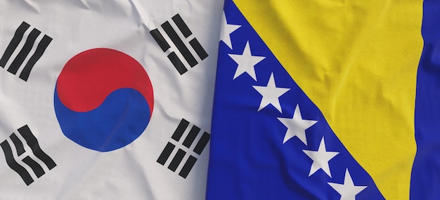 Flags of South Korea and Bosnia and Herzegovina Linen flag closeup Flag made of canvas Korean Seoul Sarajevo State national symbols 3d illustration