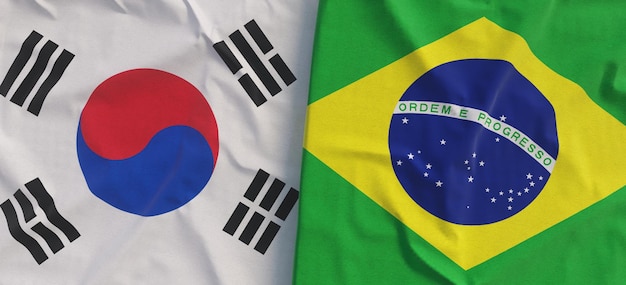 Flags of South Korea and Brazil Linen flag closeup Flag made of canvas Korean Seoul Brazilian State national symbols 3d illustration