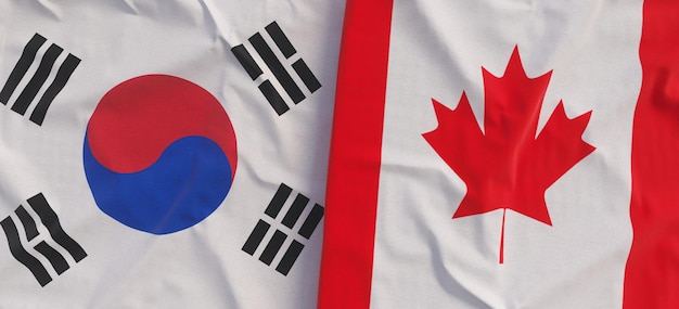 Flags of South Korea and Canada Linen flag closeup Flag made of canvas Korean Seoul Canadian State national symbols 3d illustration