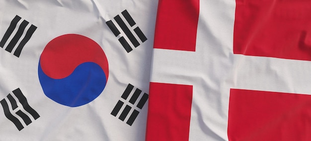 Flags of South Korea and Denmark Linen flag closeup Flag made of canvas Korean Seoul Danish State national symbols 3d illustration