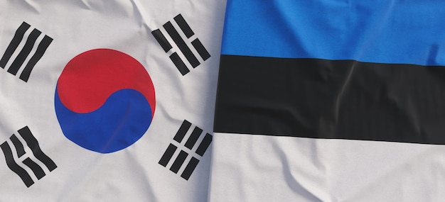 Flags of South Korea and Estonia Linen flag closeup Flag made of canvas Korean Seoul Estonian State national symbols 3d illustration