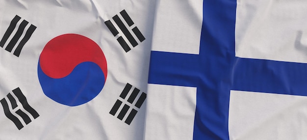 Flags of South Korea and Finland Linen flag closeup Flag made of canvas Korean Seoul Finnish State national symbols 3d illustration