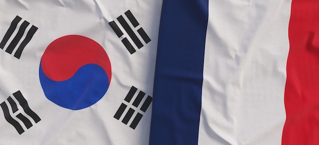 Flags of South Korea and France Linen flag closeup Flag made of canvas Korean Seoul French State national symbols 3d illustration