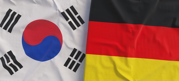 Flags of South Korea and Germany Linen flag closeup Flag made of canvas Korean Seoul German State national symbols 3d illustration