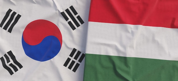 Flags of South Korea and Hungary Linen flag closeup Flag made of canvas Korean Seoul Hungarian State national symbols 3d illustration