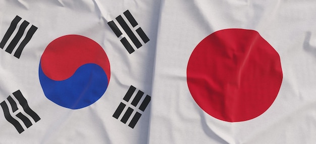 Flags of South Korea and Japan Linen flag closeup Flag made of canvas Korean Seoul Japanese State national symbols 3d illustration