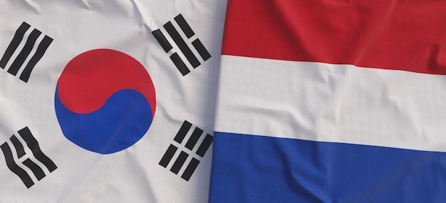 Flags of South Korea and Netherlands Linen flags closeup Flag made of canvas Korean Seoul Holland State national symbols 3d illustration