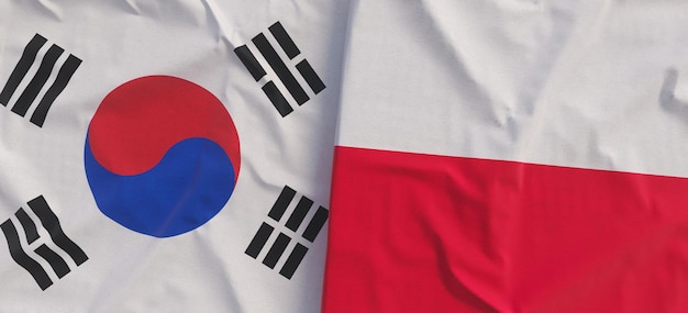 Flags of South Korea and Poland Linen flag closeup Flag made of canvas Korean Seoul Polish State national symbols 3d illustration