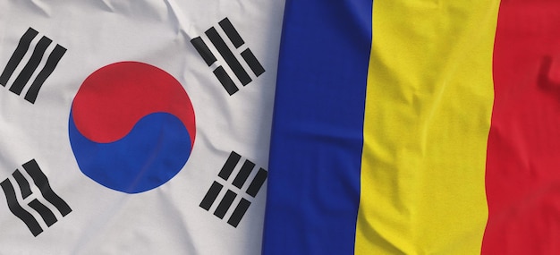 Flags of South Korea and Romania Linen flag closeup Flag made of canvas Korean Seoul Bucharest State national symbols 3d illustration