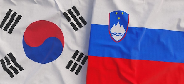 Flags of South Korea and Slovenia Linen flag closeup Flag made of canvas Korean Seoul Lublyana State national symbols 3d illustration