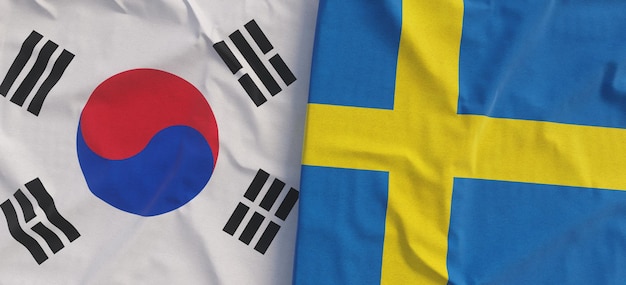 Flags of South Korea and Sweden Linen flag closeup Flag made of canvas Korean Seoul Swedish State national symbols 3d illustration