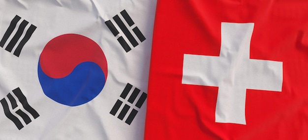 Flags of South Korea and Switzerland Linen flag closeup Flag made of canvas Korean Seoul Swiss State national symbols 3d illustration