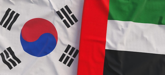 Flags of South Korea and UAE Linen flag closeup Flag made of canvas Korean Seoul United Arab Emirates State national symbols 3d illustration