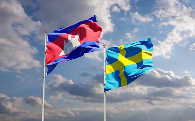 Flags of Sweden and Cambodia. 3D artwork