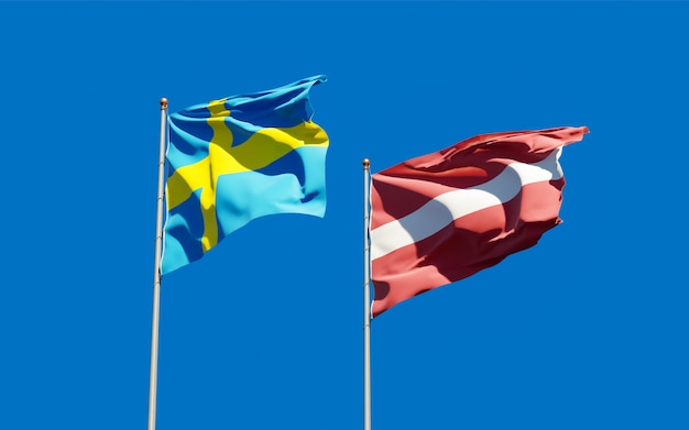 Flags of Sweden and Latvia. 3D artwork