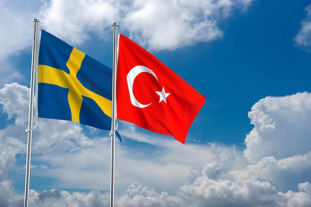 Flags of Sweden and Turkey Waving with Cloudy Blue Sky Background 3d Rendering