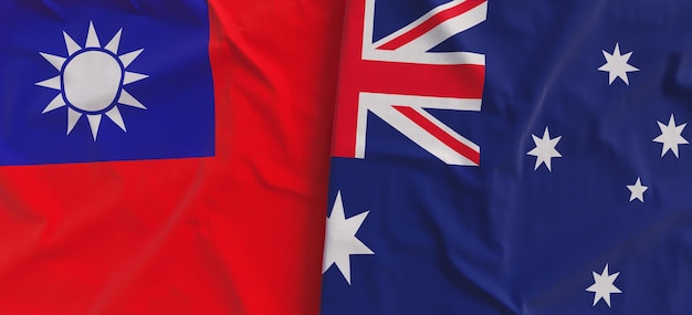 Flags of Taiwan and Australia Linen flag closeup Flag made of canvas Taipei Asia Canberra State national symbols 3d illustration