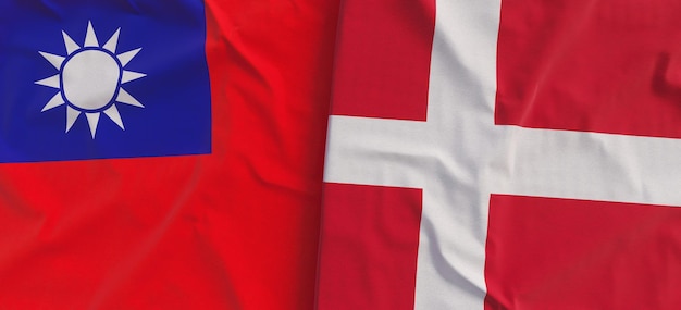 Flags of Taiwan and Denmark Linen flag closeup Flag made of canvas Taipei Asia Danish 3d illustration