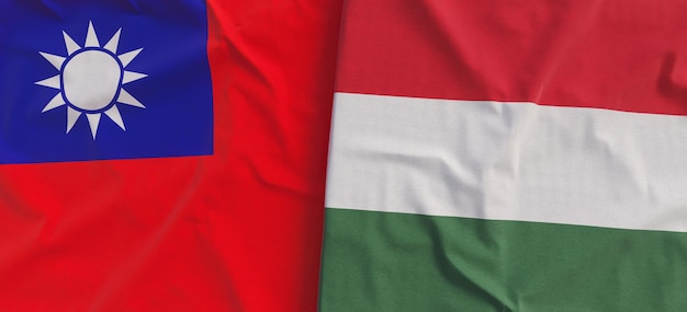 Flags of Taiwan and Hungary Linen flag closeup Flag made of canvas Taipei Asia Hungarian 3d illustration