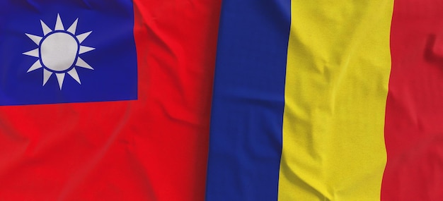 Flags of Taiwan and Romania Linen flag closeup Flag made of canvas Taipei Asia Romanian 3d illustration