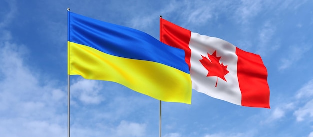 Flags of Ukraine and Canada on flagpoles in center Flags on sky background Place for text Ukrainian Canadian 3d illustration