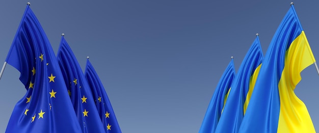 Flags of Ukraine and European Union on flagpoles on sides Flags on a blue background Place for text Independent Ukraine Three flags of the European Union Europe 3D illustration