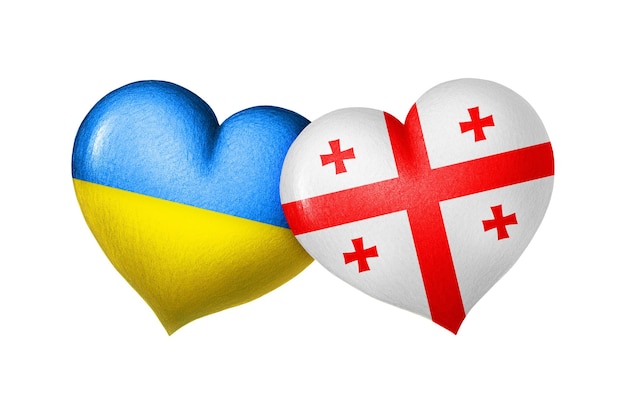 Flags of Ukraine and Georgia Two hearts in the colors of the flags isolated on a white