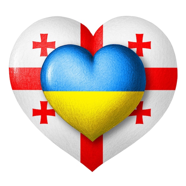 Flags of Ukraine and Georgia Two hearts in the colors of the flags isolated on a white