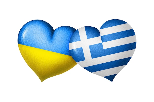 Flags of Ukraine and Greece Two hearts in the colors of the flags isolated on a white