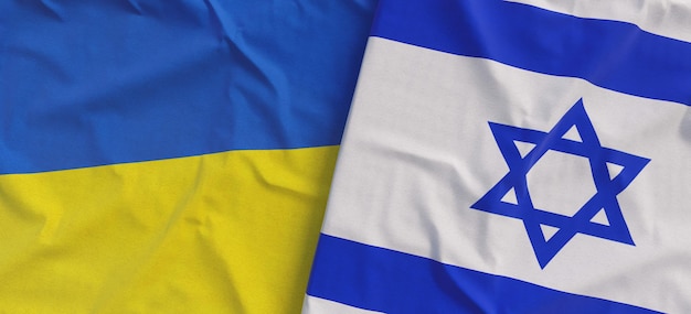 Flags of Ukraine and Israel Linen flags close up Flag made of canvas Ukrainian Israel Jerusalem National symbols 3d illustration