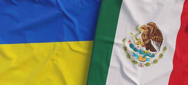 Flags of Ukraine and Mexico Linen flag closeup Flag made of cloth Ukrainian Kyiv Mexican National symbols 3d illustration