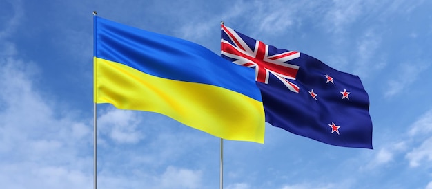 Flags of Ukraine and New Zealand on flagpoles in center Flags on sky background Place for text Ukrainian Wellington 3d illustration