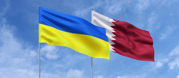 Flags of Ukraine and Qatar on flagpoles in center Flags on sky background Place for text Ukrainian Middle East 3d illustration