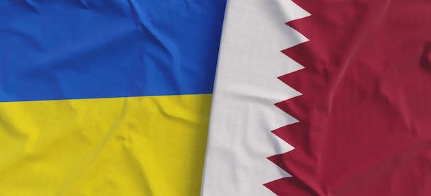 Flags of Ukraine and Qatar Linen flag closeup Flag made of canvas Ukrainian Kyiv Doha State symbols 3d illustration