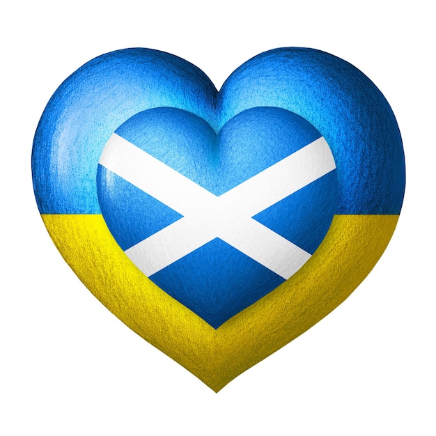 Flags of Ukraine and Scotland Two hearts in the colors of the flags isolated on a white background