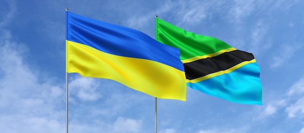 Flags of Ukraine and Tanzania on flagpoles in center Flags on sky background Place for text Ukrainian Tanzanian Africa 3d illustration