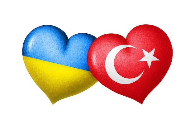 Flags of Ukraine and Turkey Two hearts in the colors of the flags isolated on a white