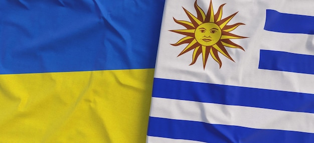 Flags of Ukraine and Uruguay Linen flag closeup Flag made of canvas Ukrainian flag Uruguayan State national symbols 3d illustration