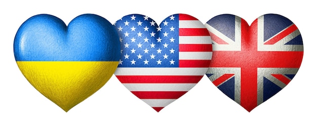 Flags of Ukraine USA and Great Britain Three hearts in the colors of  flags isolated on a white